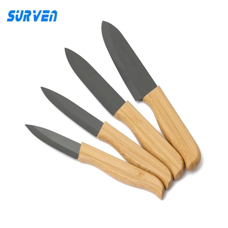 SURVEN кухонные ножи с черным лезвием, набор керамических ножей " 4" " 6" дюймов с деревянной ручкой, нож для очистки овощей и мяса