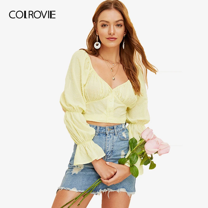 

COLROVIE Yellow Gathered Sleeve Knot Back Korean Style Jacquard Crop Top Women Blouse Shirt 2019 Spring Ruffle Knot Ladies Tops