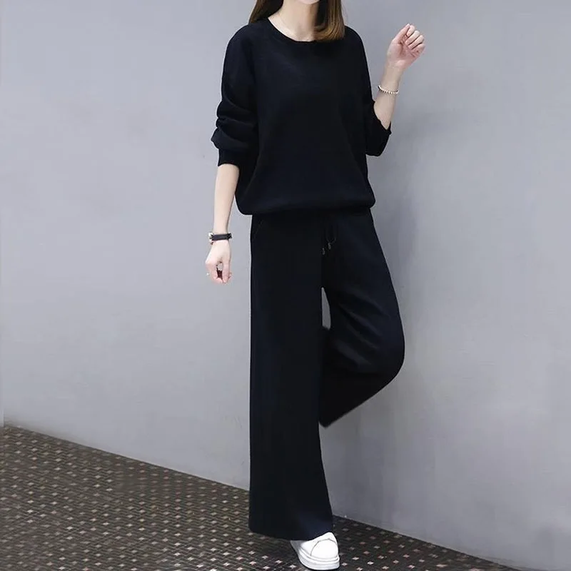 

Plus Size 2 Piece Set Long Sleeve O-Neck Women Tops+Loose Long Pants Spring Autumn Fashion Women Solid Clothing Casual Sets