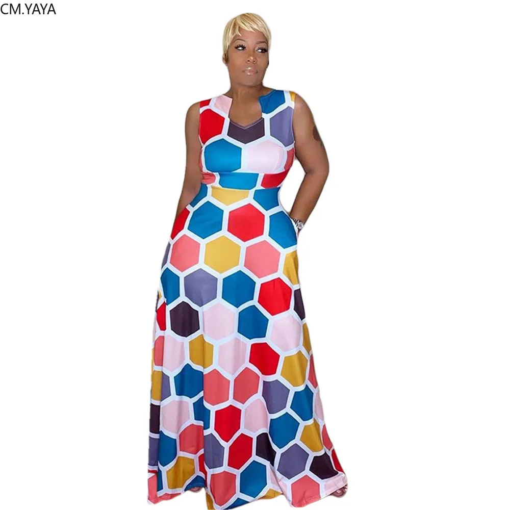 

2019 women summer Geometric Print sleeveless bodycon Long vintage 3d print maxi dress club Floor Length vestido dresses GLM7230
