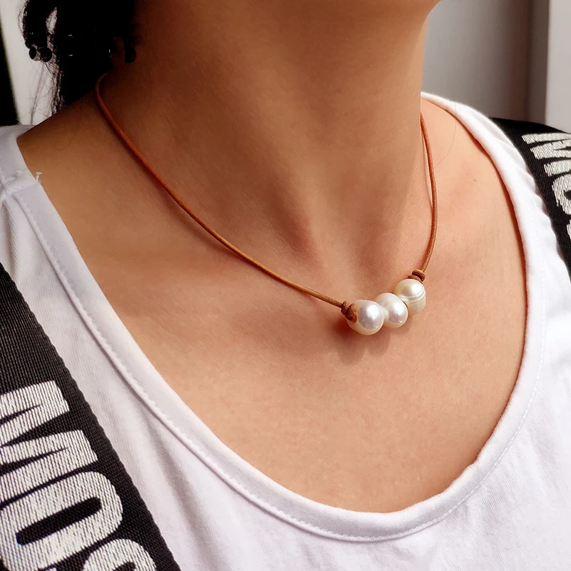 Gargantilla de de cuero de tres perlas, de 10mm, redondo, perlas auténticas de dulce con cuero negro o marrón Real|Collares tipo gargantilla| - AliExpress