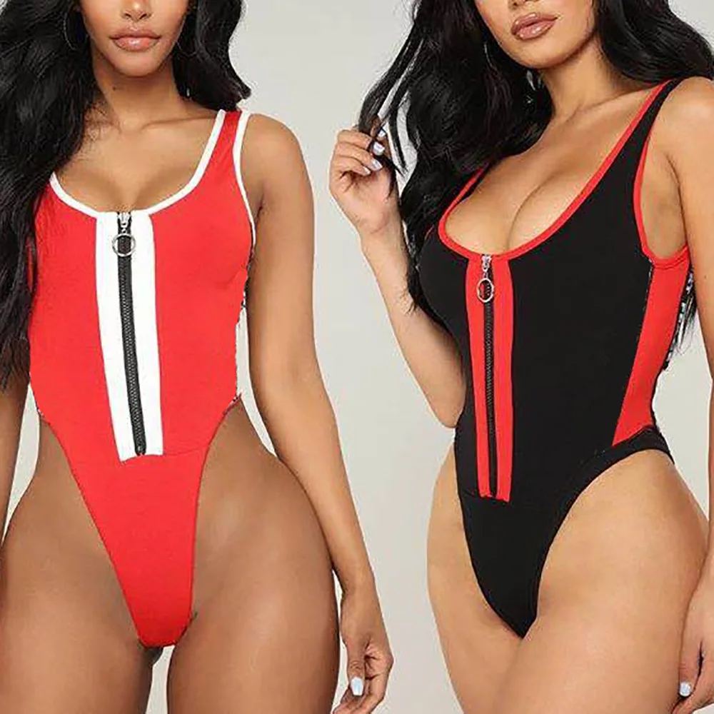 WEANIA Sexy Skinny Deep V neck Bodysuit Women Sleeveless Patchwork Zipper Sheath Bodysuit Night