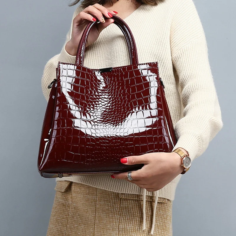 LJL-роскошная брендовая крокодиловая женская сумка, лакированная кожа, женские сумки, набор большой емкости, сумка на плечо, женская сумка-тоут+ кошелек