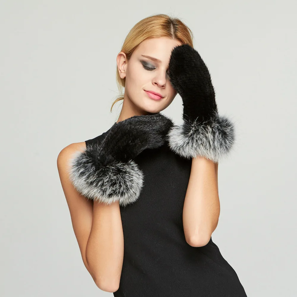 Women Knitted Real Mink Fur and Fox Fur Gloves Fashion Lovely Glove