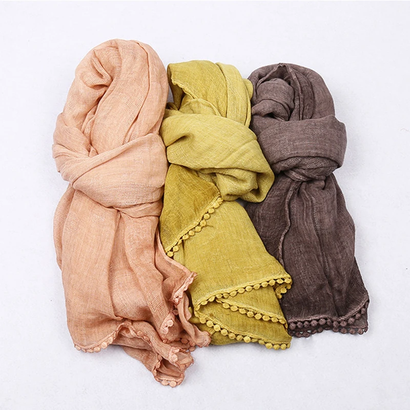 

MANYUE-CO Women Fashion Cotton Scarf Tie-dyed Fabric Viscose Scarves Shalw Pom Balls Winter Plain Solid Hijab Musil Wraps Lady