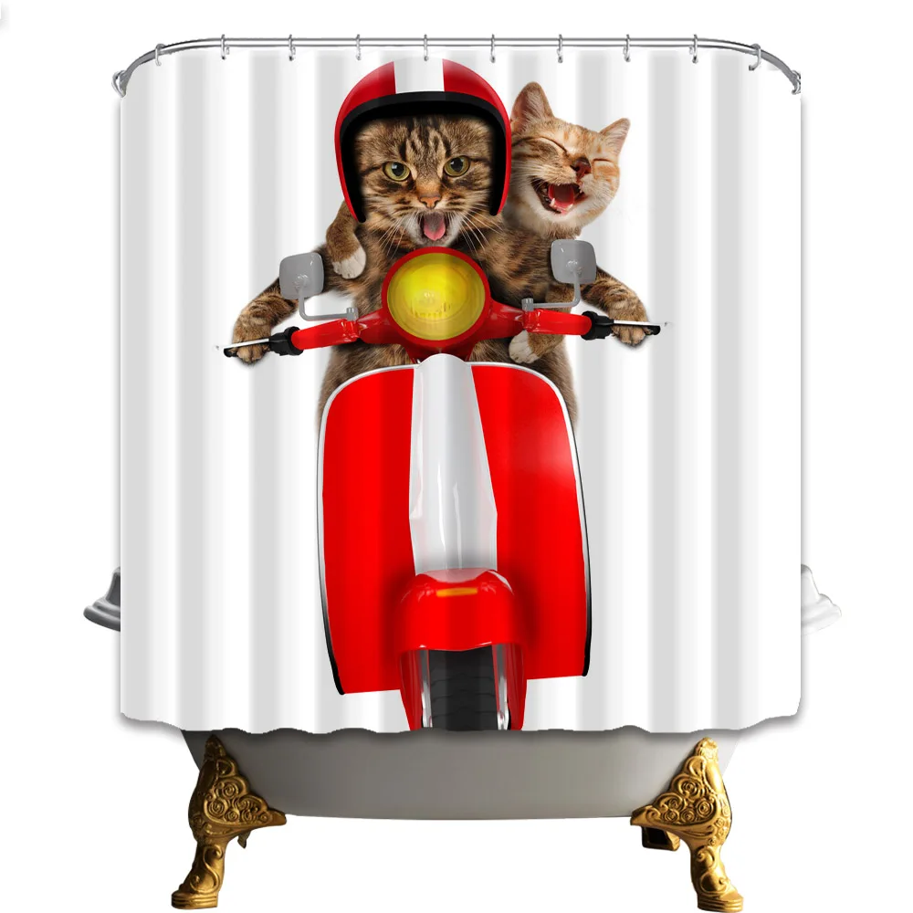 

Cats Riding Motorcycle Shower Curtains for Home's Bath Waterproof Mildew Proof Polyester Fabric Bathroom Curtain With 12 Hook