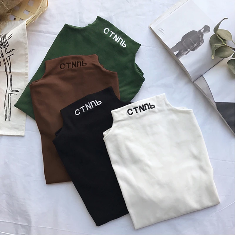 

summer Letter embroidery Turtleneck Basic T Shirt Women short Sleeve Tee Shirt Harajuku Casual Solid Tees For Female white Top
