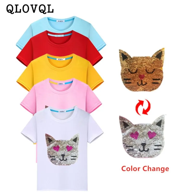 

Kids Girls T-shirts Magic Glitter Reverse Cute Cat Sequin Kid Top Color Changing Summer T Shirt for Girl Children's Clothing