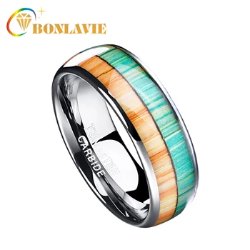 

BONLAVIE Fashion Men 8MM Polished Wood Grain Dome Tungsten Carbide Ring Inlaid Double Color Orange Green Male Jewelry Never Rust