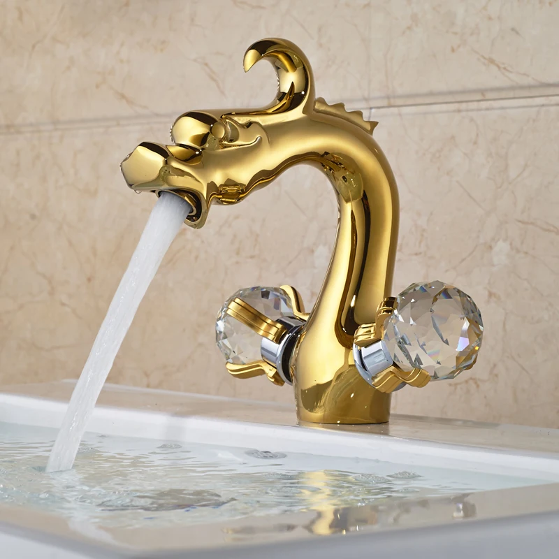 

Dragon Shape Style Basin Vessel Sink Mixer Taps with Hot & Cold Water Golden Finish Deck Mount