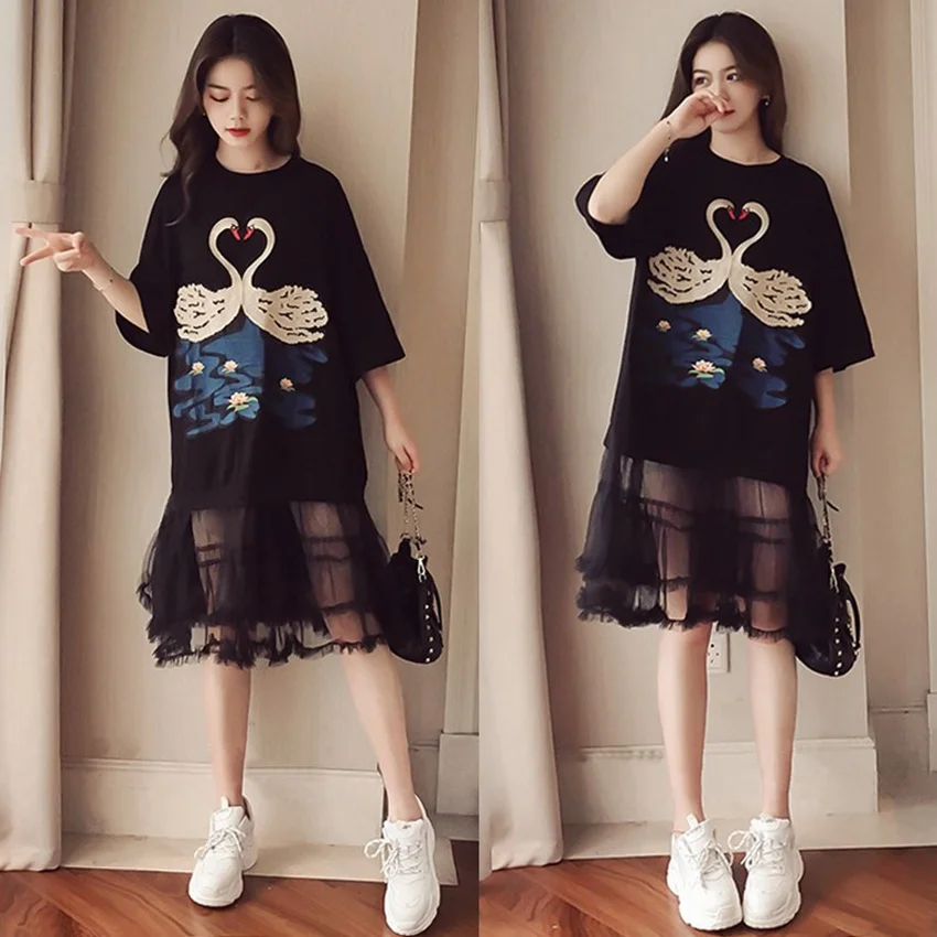 

Pregnant women summer new mesh dress cover meat slim pregnant women long T skirt fashion swan print pregnancy skirt