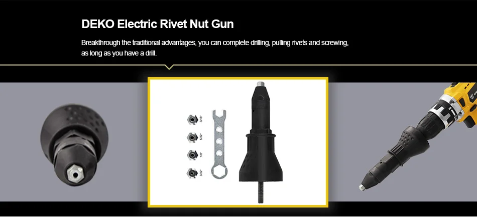 DEKO классическая модель, шуруповерт, гайка, инструмент для клепки, беспроводные клепки, адаптер для дрели, вставка, гайка, инструмент для клепки, адаптер для дрели
