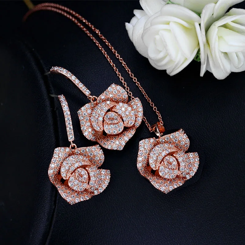 ANGELCZ брендовые модные цветочные украшения комплект полный Micro Pave крошечный CZ цирконий элегантный кулон Роза Цепочки и ожерелья серьги для Для женщин AJ105 - Окраска металла: Rose Gold Color