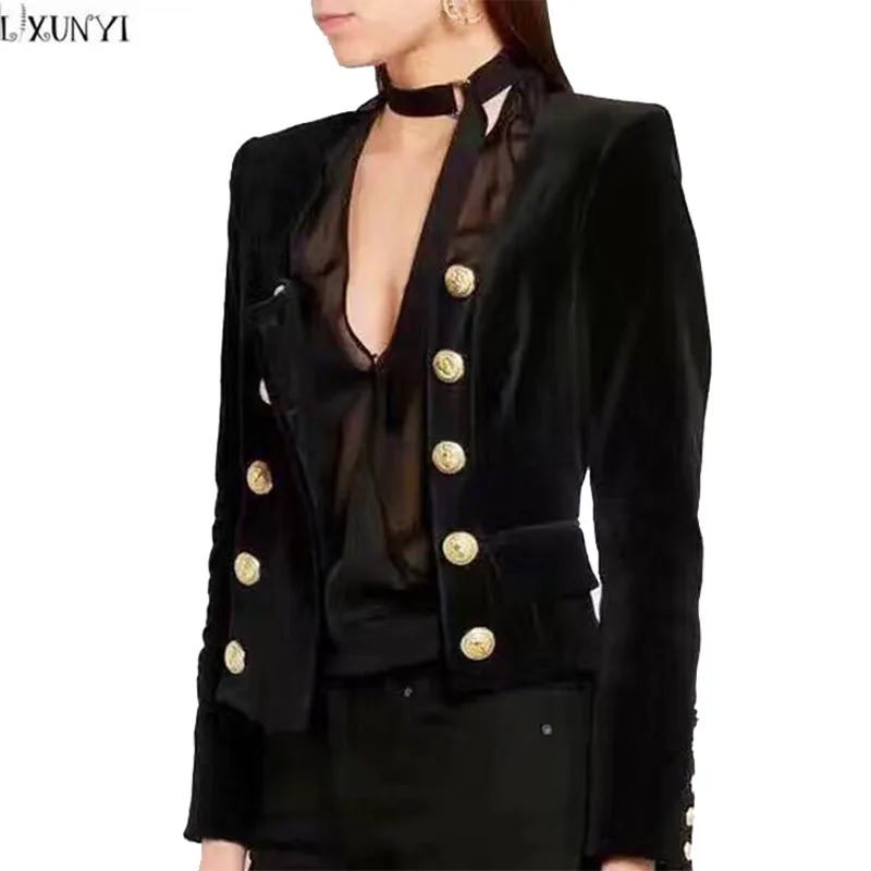 

LXUNYI Velvet Coat Women 2019 Autumn New OL Formal Double Breasted Blazer Black Slim Suit Jacket Ladies Short Coats Gold Button