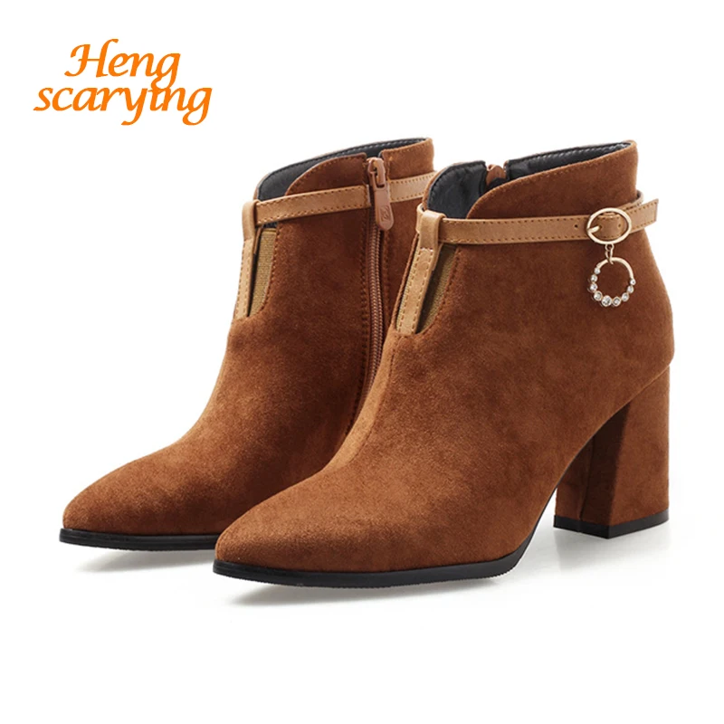 

2018 Plus Size Women 7.5cm High Heels Ankle Boots Thick Block Heels Winter Short Boot Brown Suede Dress Pointed Toe Velvet Shoes