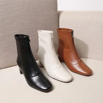 

MLJUESE 2020 women ankle boots sheepskin square toe zippers winter short plush high heels boots women boots party dress