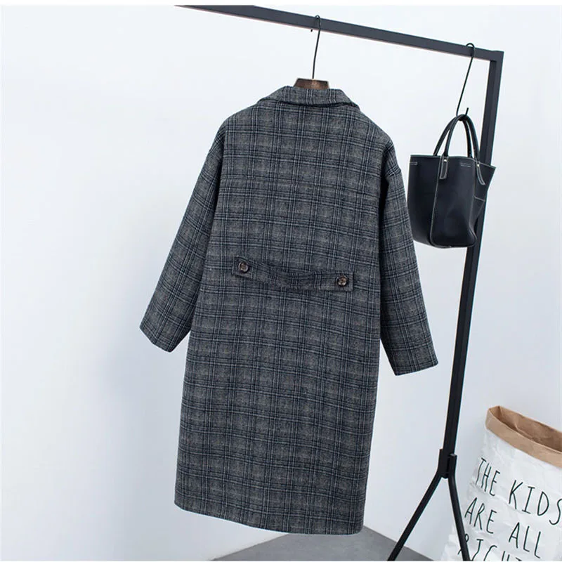 Woherb, зимнее клетчатое двубортное пальто для женщин, Корейская свободная Толстая теплая куртка, женские длинные пальто, Manteau Femme Hiver 20469