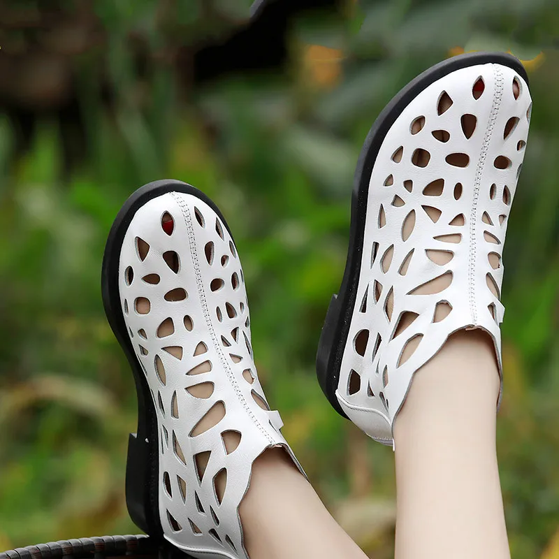 

2019 fashion women's shoes spring new hole Genuine Leather short boots hollow flat high top shoes big size37-43 Yasilaiya Solid