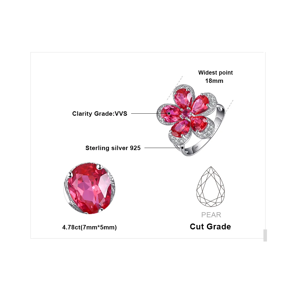 Jewelrypalace цветок 5ct создан красный рубин коктейльное кольцо стерлингового серебра