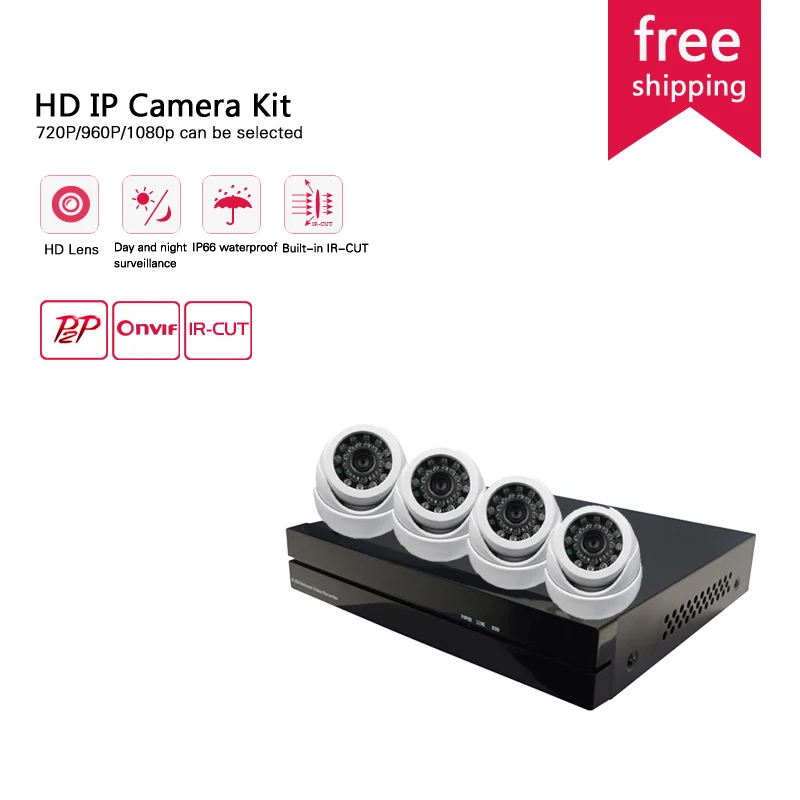 

Plastic Dome IP Camera Video Security camera System Recorder 720p/960p/1080p System Kit Bullet Camera System 4ch NVR CCTV System