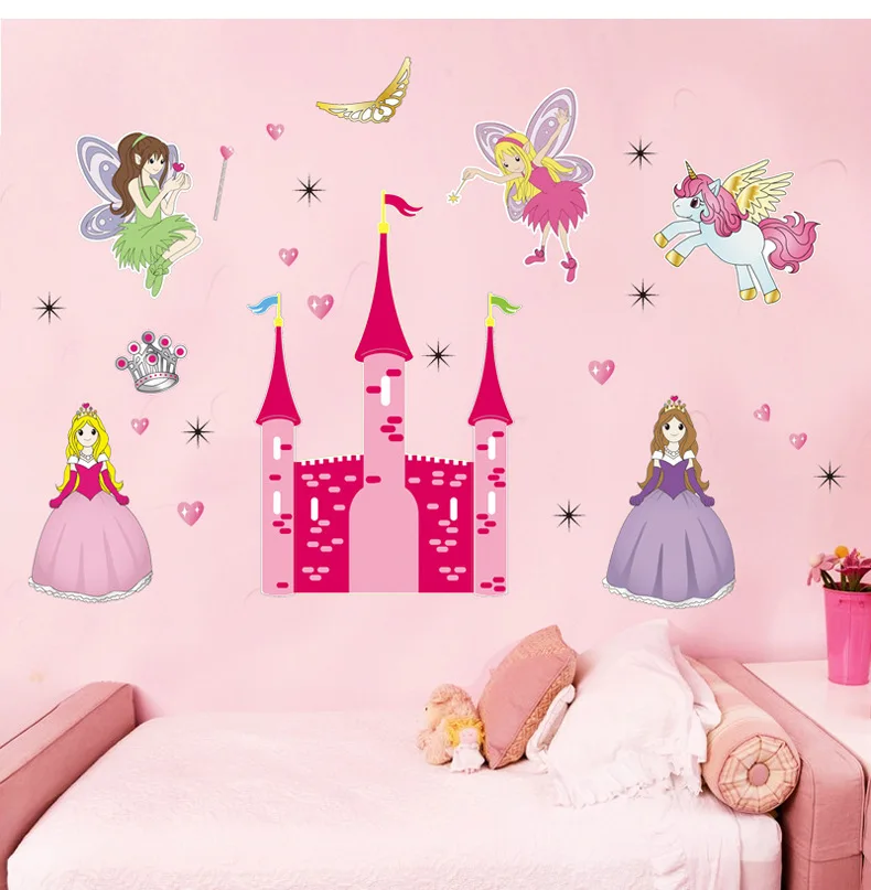 

Free Shipping Cartoon Children Baby Nursery Room furnished bedroom bedside cartoon stickers angel castle wall stickers HM1833