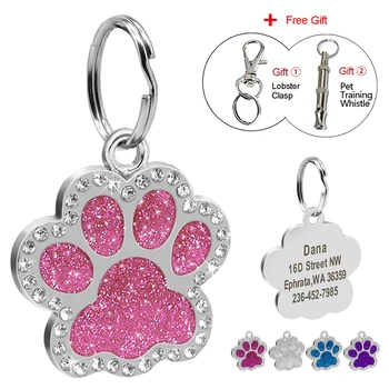 

Personalized Dog ID Tag Glitter Engraved Dogs Name Tags Paw Shape Anti-lost Pet Nameplate Bling Rhinestone Pendant Free Whistle