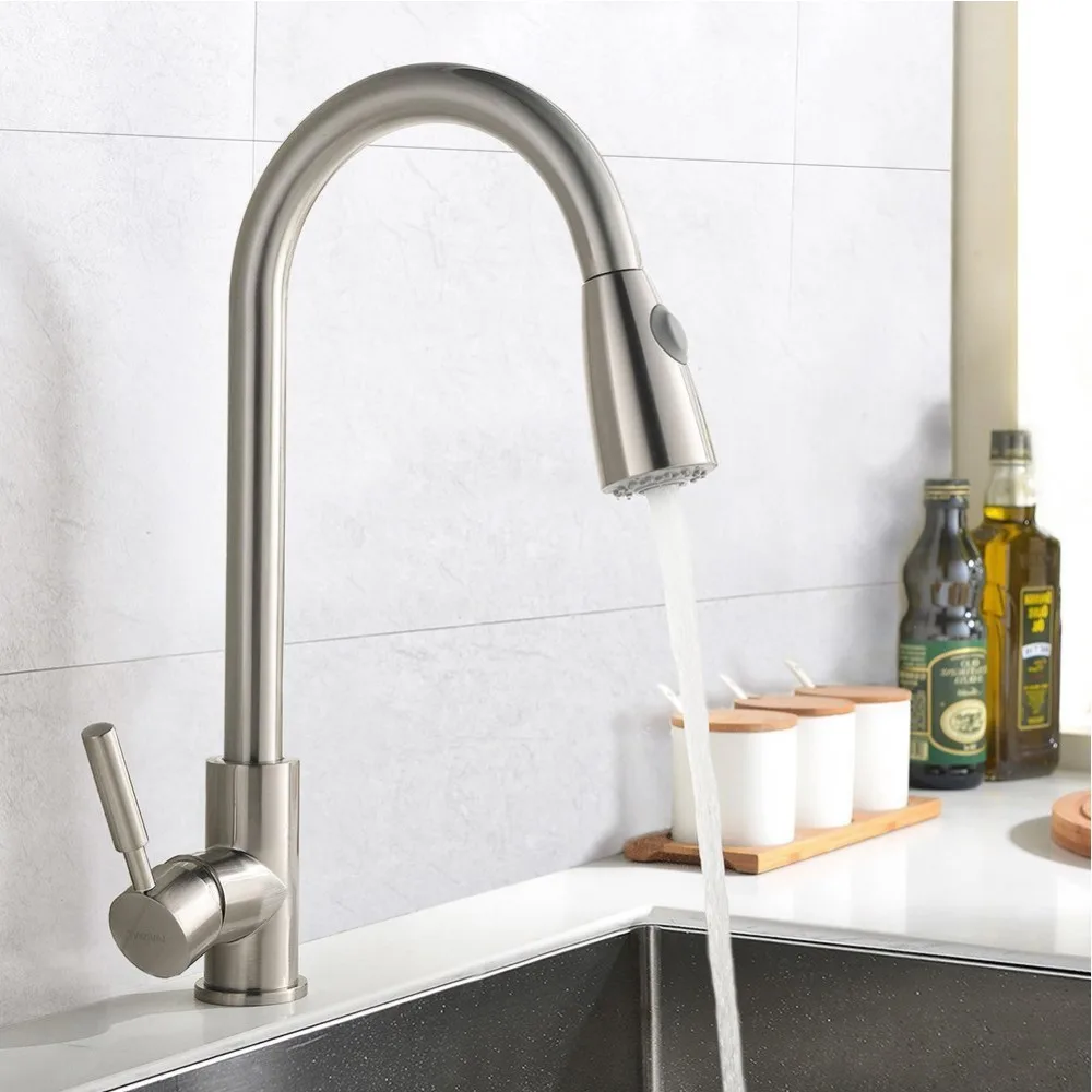 Kitchen Faucets Silver Single Handle Pull Out Kitchen Sink Tap Single Hole Handle Swivel 360 Degree Rotation Water Mixer Tap