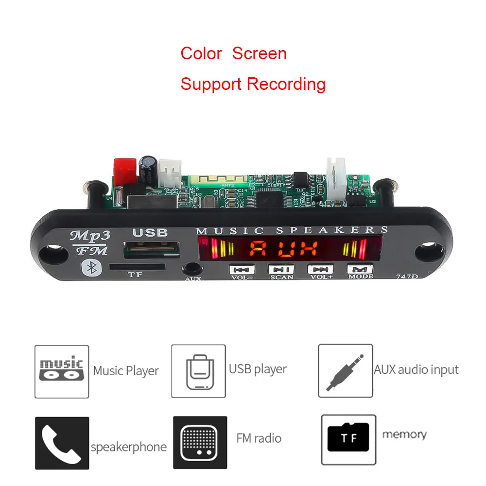 Автомобильный беспроводной MP3-плеер с Bluetooth, гарнитура с микрофоном, Запись TF, USB, 3,5 мм, AUX, 5 В, 12 В, автомобильный аудио комплект для динамиков - Цвет: Color Screen