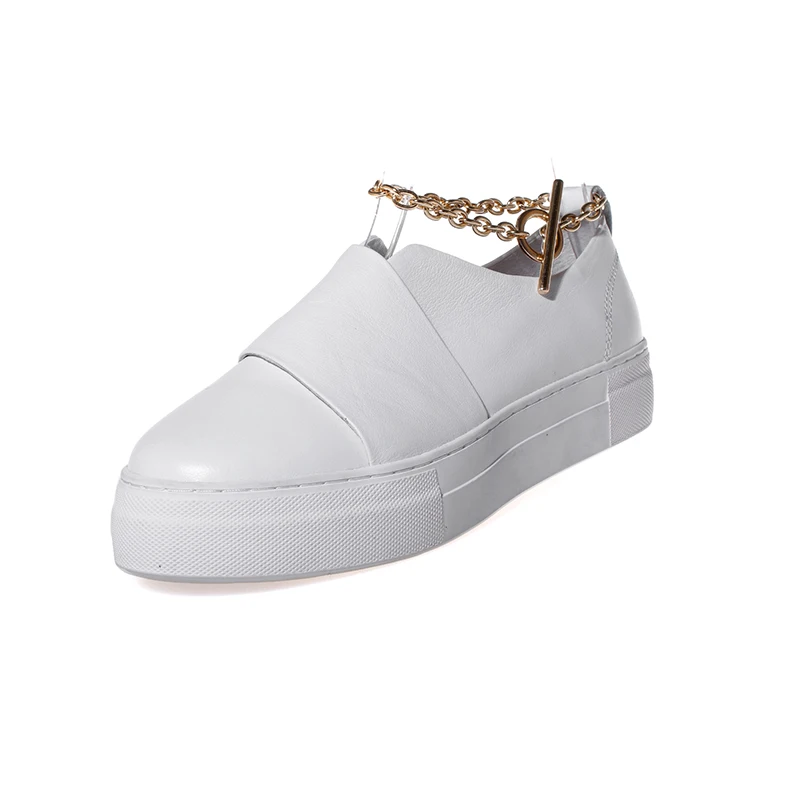 Модные брендовые кроссовки на плоской подошве с цепочкой; обувь из натуральной кожи на платформе с круглым носком и металлическими вставками; ; женская повседневная обувь; L05 - Цвет: Белый
