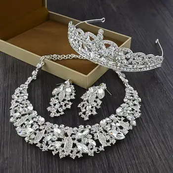 

Bridal Headwear Luxurious Crystal Jewelry Set Crown Necklace Earrings Extravagant Wedding Accessories Silver Color Hot SJT0070