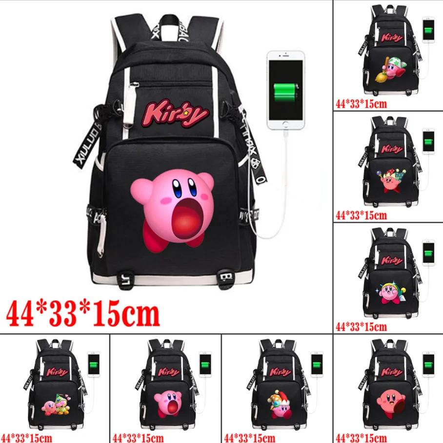 

Cartoon Kirby Black Canvas Zip Backpack USB Charging School Bag Shoulder Bag Mochila Packsack Daily Leisure Laptop Bag Rucksack