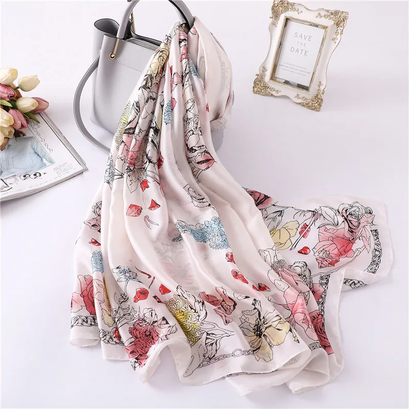 

2019 fashion summer silk scarf for women brand shawls wraps floral print soft long size pashmina bandana foulard female hijabs