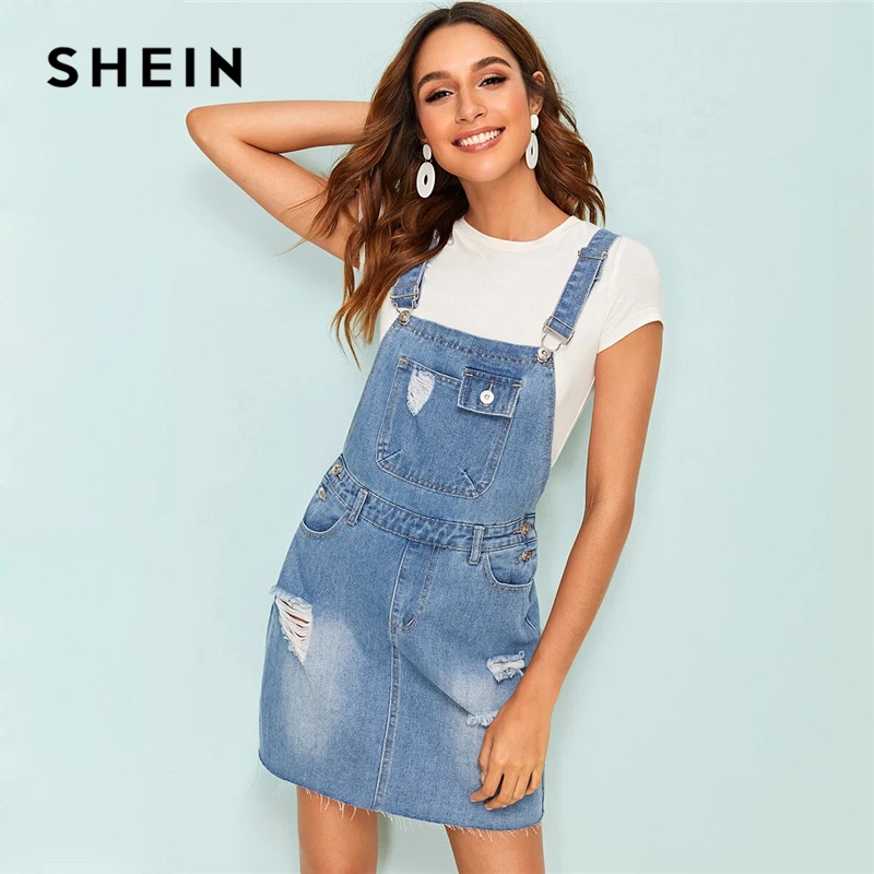 

SHEIN Bleach Wash Ripped Denim Dungaree 2019 Preppy Summer Shift Dress Blue Straps Pinafore Sleeveless Women Dress