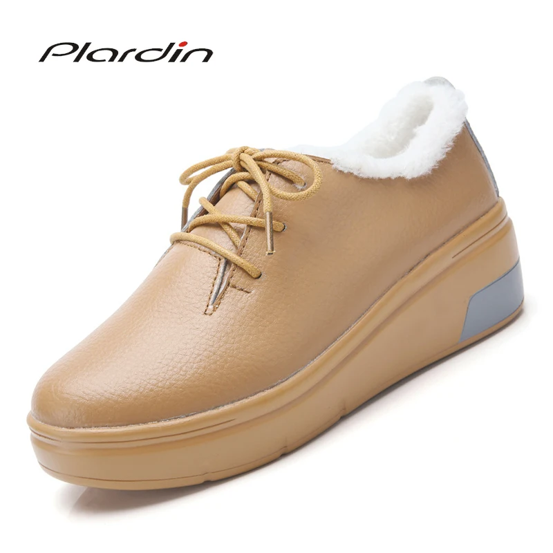 

Plardin Winter New Women Flat Platform Concise Fashion Cotton Wool Shoes Genuine Leather Lace Up Flats Shoes For Woman Shoes