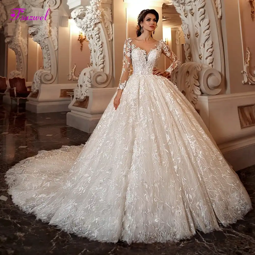 Princess Ball Gown Lace Wedding Dresses Long Sleeve Beaded A Line Bridal Gown