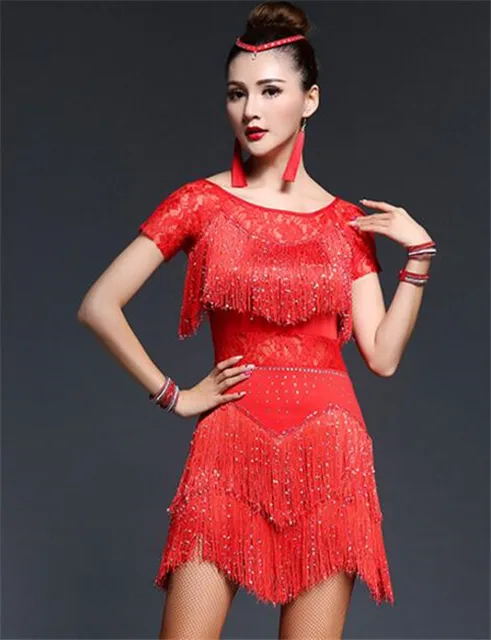 Latin Dance Dresses Women/Girls Sexy Sequin Fringe Skirt Ballroom/Tango/Salsa/Rumba/Latin Dresses Clothes For Sale Red Short Sleeve