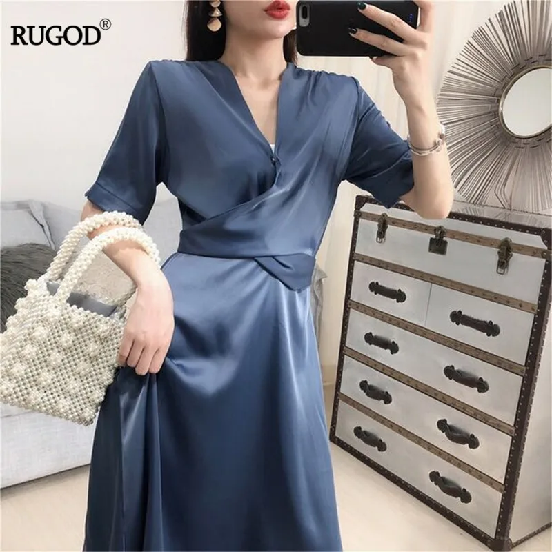 Корейская мода RUGOD атласное платье с поясом женское элегантное однотонное