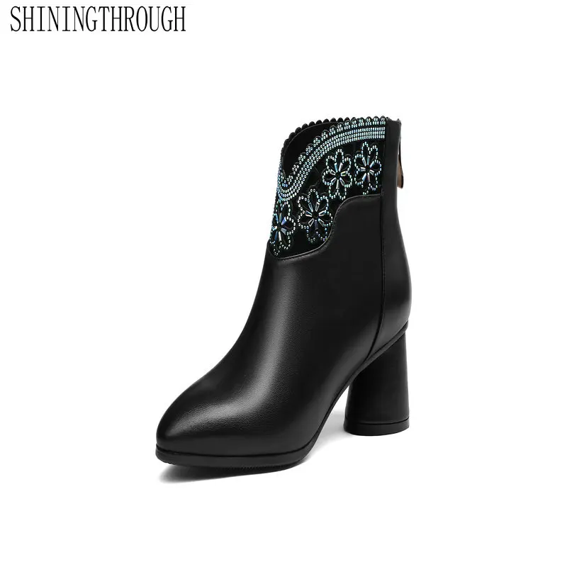 

Genuine Leather Women Ankle Boots Square High Heel Spring Autumn Shoes All Match Women Motorcycle Boots Size 34-43