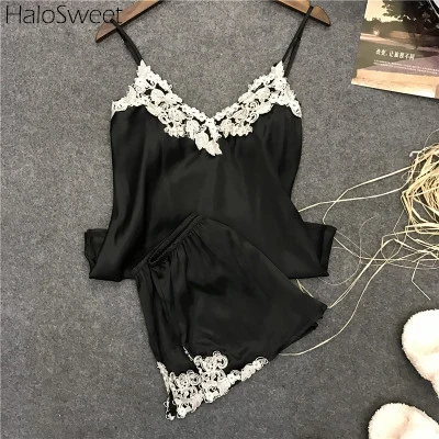 

Slik Sleepwear Woman Pijama Sling Lingerie Suit Female Shorts SuitHome Clothes For Clothing Pyjama Femme Lace Top Two Piece