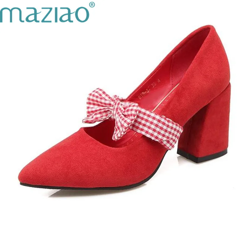 

MAZIAO Shoes Women Plaid Bow Mary Jane High Heels Causal Pumps Pointed Toe Thick High Heels Red Pink Size 33-46 Ladies Footwear