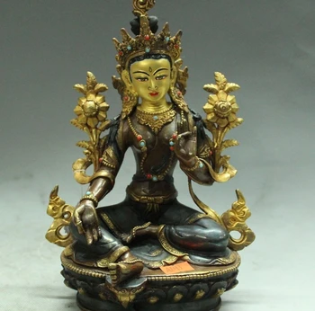 

9" Folk Tibet Tibetan Bronze 24K Gold Buddhism Green Tara Kwan-Yin Goddess