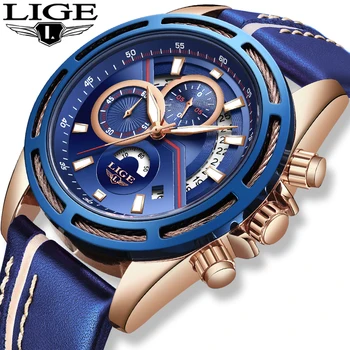 

Relojes Hombre 2019 LIGE Mens Watches Top Brand Luxury Chronograph Quartz Watch Men Blue Leather Military Sport Waterproof Clock