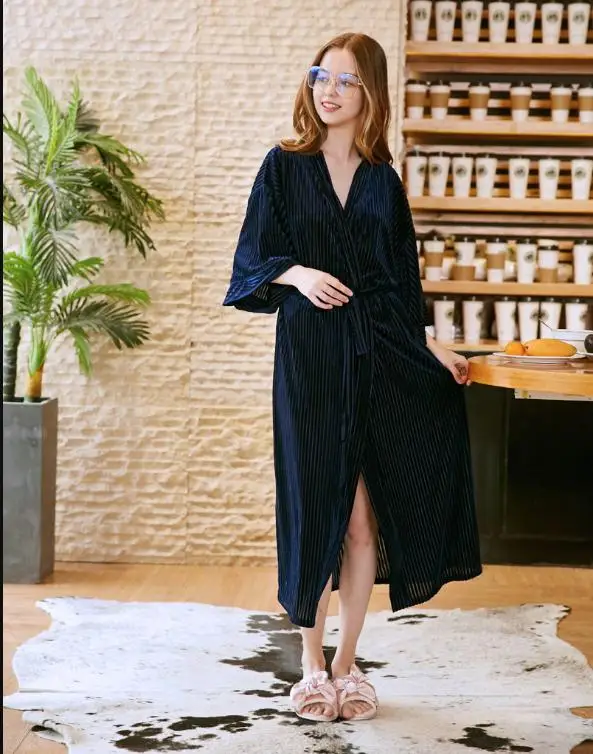 Китайский фирменный дизайн, новинка, женское тонкое велюровое кимоно, халат, ночная рубашка, Дамский халат, повседневная одежда для сна, ночное платье - Цвет: navyblue