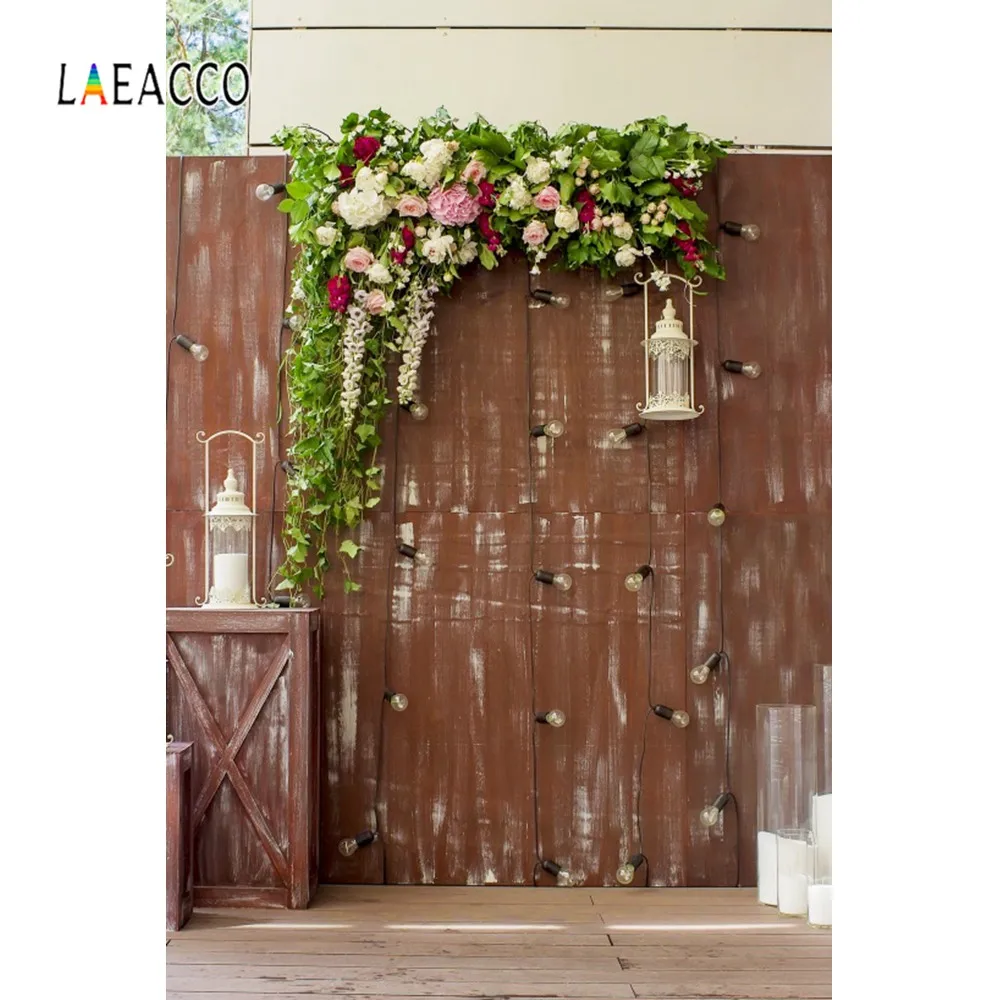 

Laeacco Old Wooden Wall Bulb Flowers Wreath LanternCandle Party Portrait Photographic Backdrops Photo Backgrounds Photo Studio