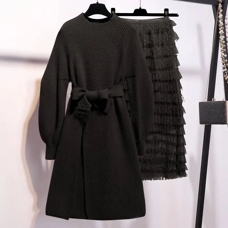

2019 Spring Autumn Women Lantern Sleeve Knitted Sweater Tops + Mesh Pleated Cake Skirt Sets Female Solid Suits With Sashes V615