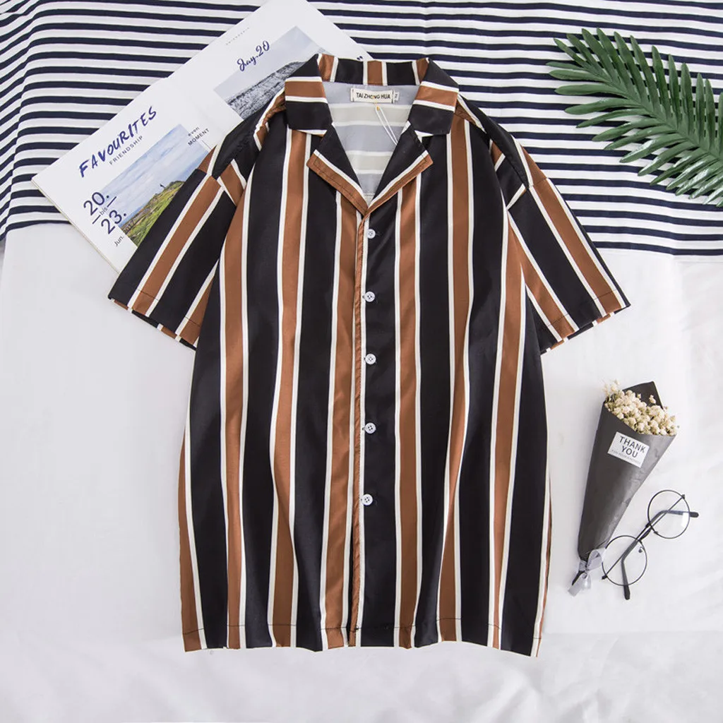 

WOMAIL Striped Printed High Quality Men Button Design Short Sleeve Polyester Material Casual Loose Men Blouse 19MAY28