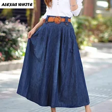 Maxi Jeans Skirts Women’s 2017 Summer New Large Swing Denim Pleated Skirt Female