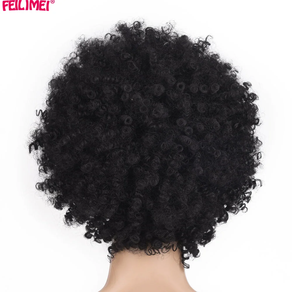 Feilimei синтетический Ombre Искусственные парики для черный Для женщин волос 110 г афро вьющиеся короткие черные афроамериканец Искусственные парики из японского firber
