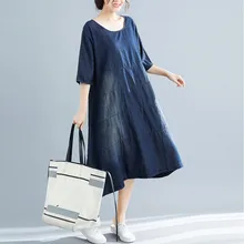 Новое летнее свободное повседневное джинсовое платье с О-образным вырезом и рукавом средней длины, однотонные Простые Модные женские джинсовые платья