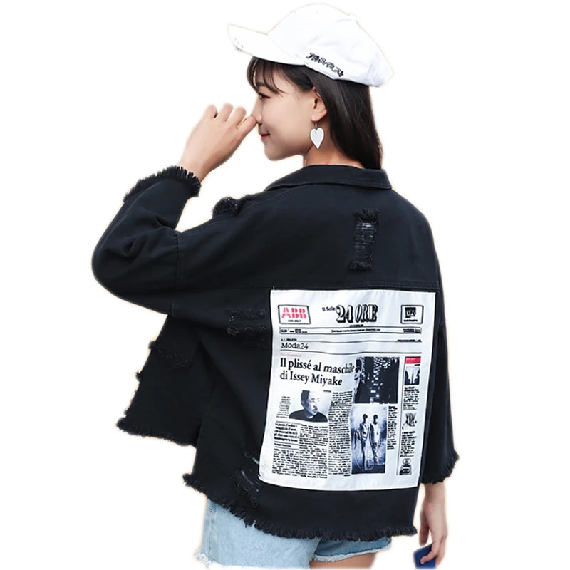 

Autumn Women Jeans Jacket Holes Denim Jacket Appliques Black White Korean Streetwear Denim Jackets For Women